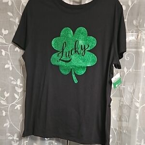 Lucky Brand Black T-Shirt with Green Shamrock